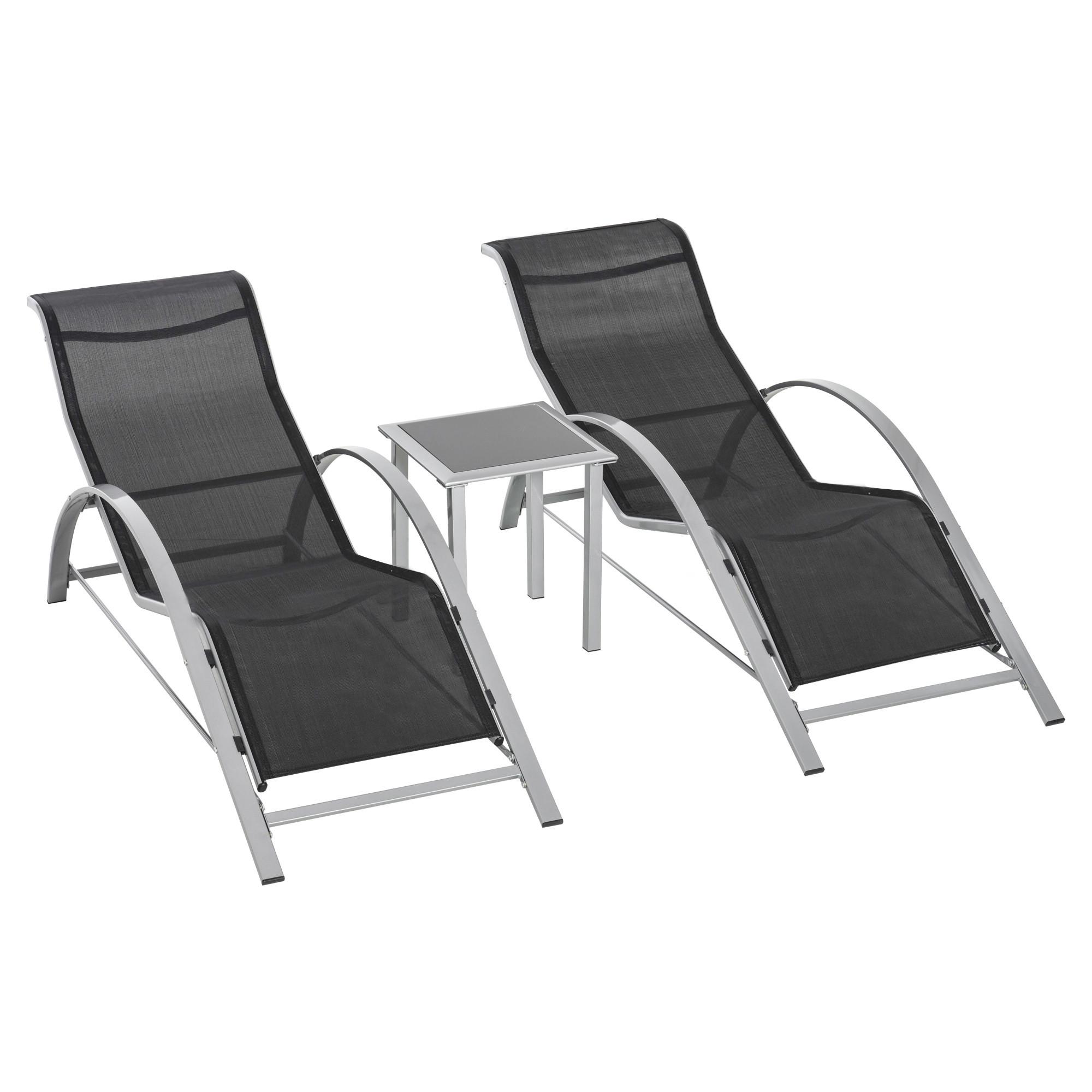 GARTENLIEGE mit Tisch, 59L x 169B x 66H cm, Metall,Mesh, Schwarz+Silber - Schwarz, Kunststoff (169/66/59cm) - Outsunny