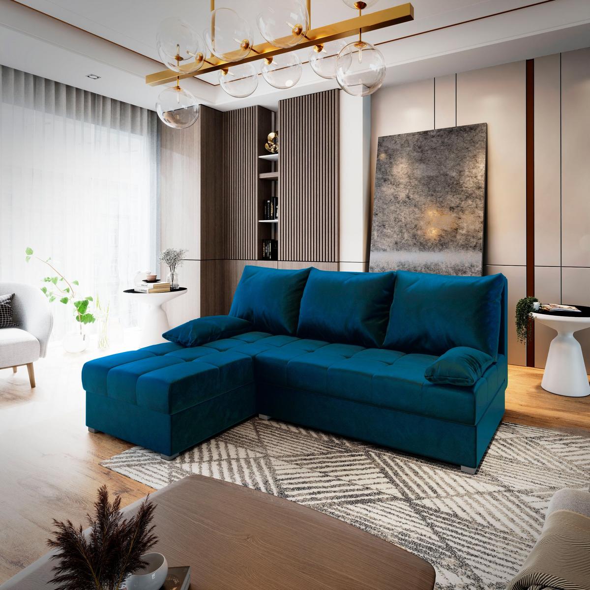 ECKSOFA RITA Blau Plüsch-Stoff mit Schlaffunktion - Blau/Grau, Holz/Kunststoff (200/141cm) - MASSENO