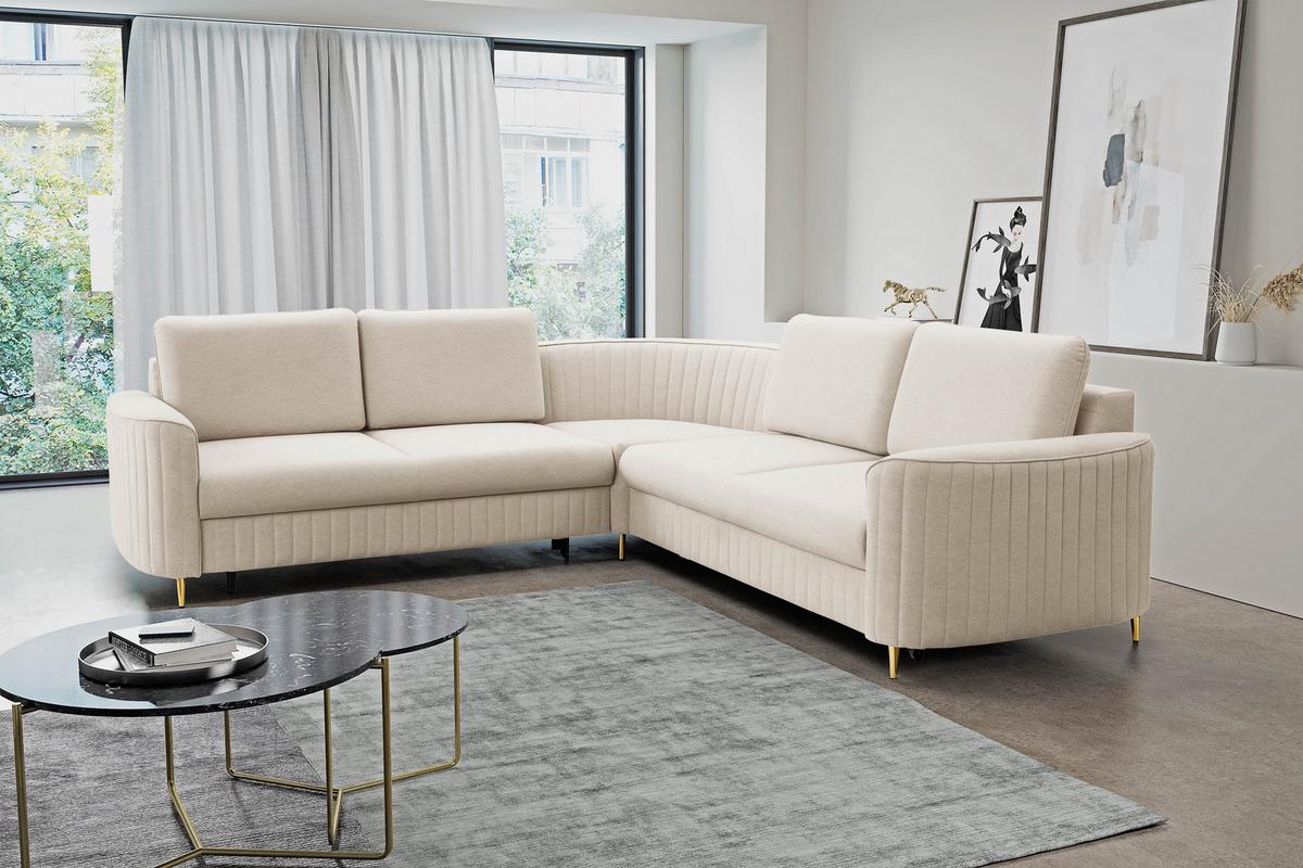 ECKSOFA VELA R-S Beige Velours-Stoff mit Schlaffunktion - Beige, Holz (251/251cm) - MASSENO