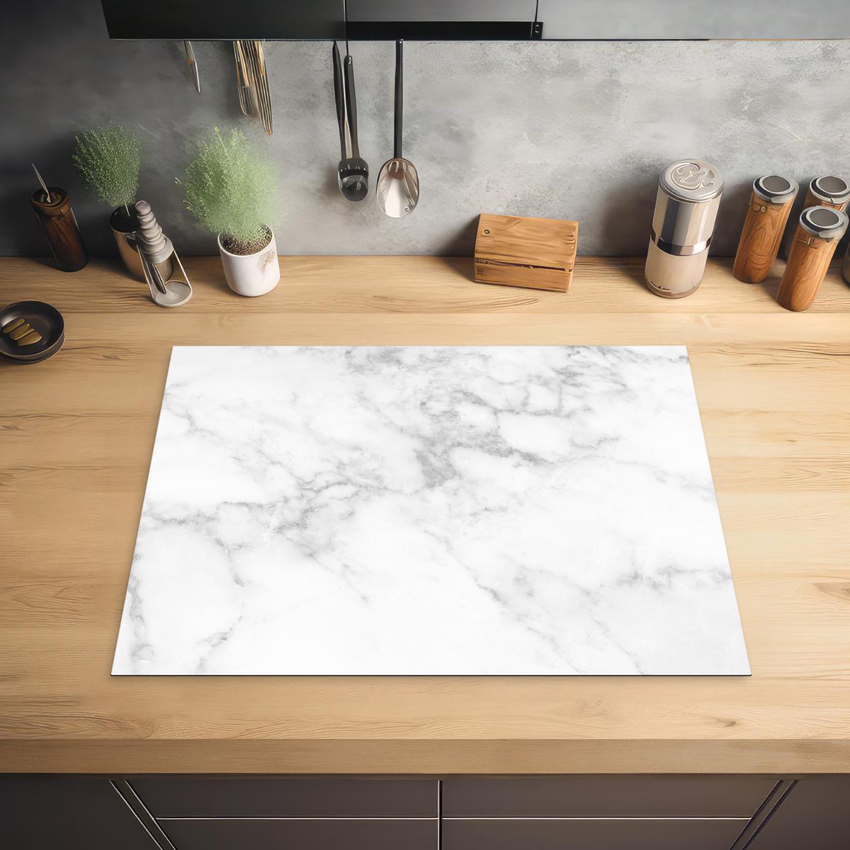 HERDABDECKPLATTE Marmor - Grau - Weiß - Strukturierter Marmor Herdabdeckung Induktionsfeld 70x52 cm - Weiß, Kunststoff (70/52/0.2cm) - MuchoWow
