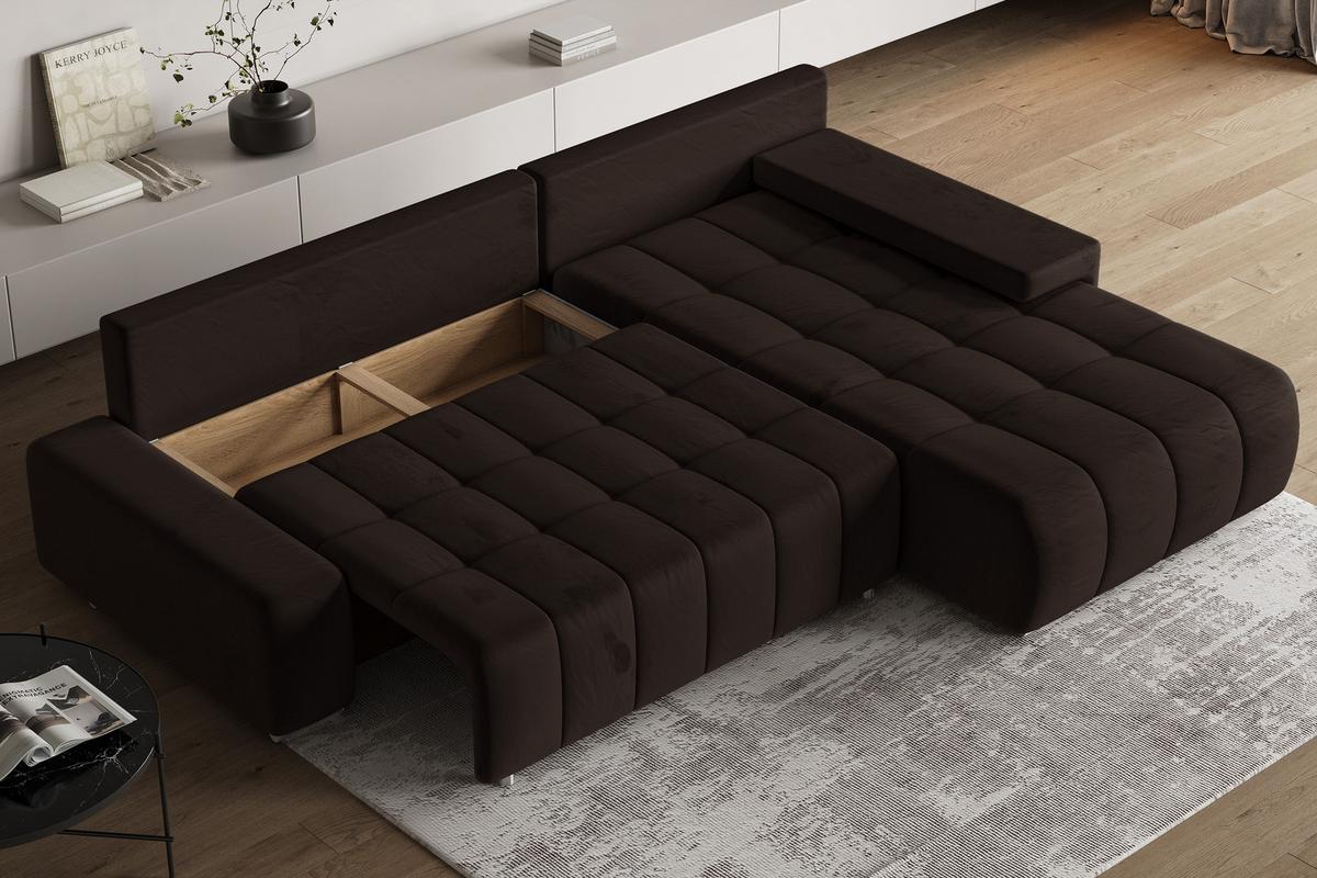 ECKSOFA ALESE R-S Braun Velours-Stoff mit Schlaffunktion - Silberfarben/Braun, Holz/Textil (265/185cm) - MASSENO