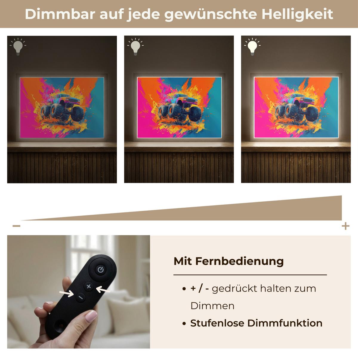 WANDLEUCHTE MIT AKKU Monstertruck - Abstrakt - Farbspritzer - Farbenfroh 40x30 cm - Pink, Holzwerkstoff (40/30/8cm) - OnlyWow