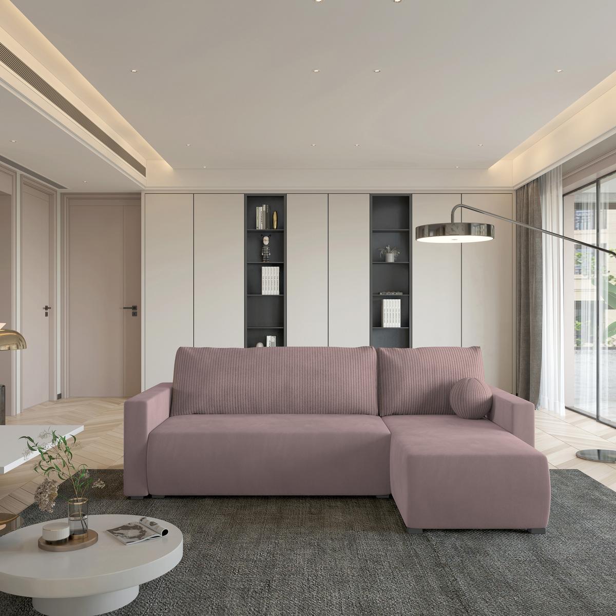 ECKSOFA SORGE Rosa Plüsch-Stoff mit Schlaffunktion - Rosa, Holz (220/143cm) - MASSENO