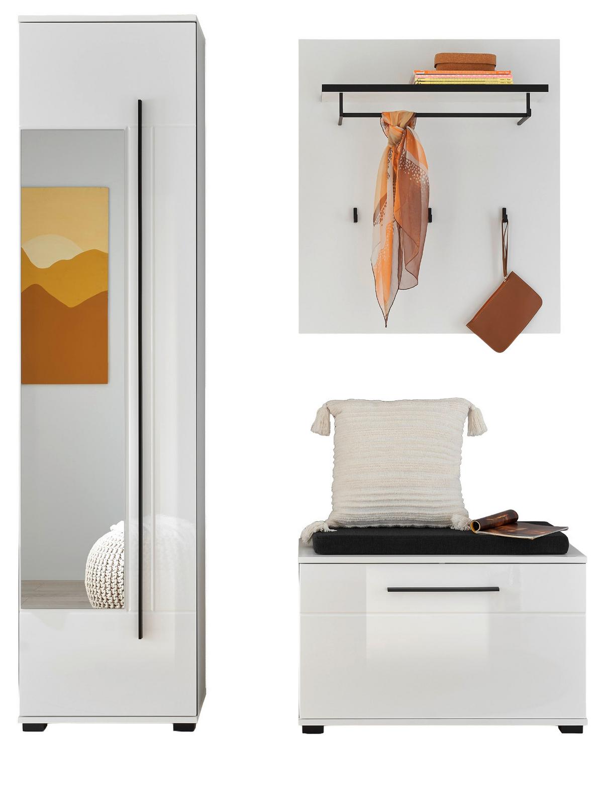 GARDEROBEN-SET weiß Hochglanz 4-teilig 140 cm, Flurgarderobe mit Spiegel - Dunkelgrau/Weiß Hochglanz, Glas/Holzwerkstoff (140/200/40cm) - Furn.Design