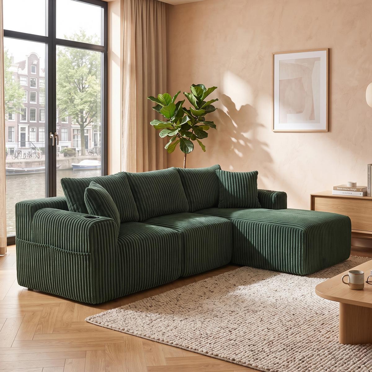 ECKSOFA mit Chaiselongue Cord - Smaragdgrün, Textil (257/160cm) - Urban Meuble