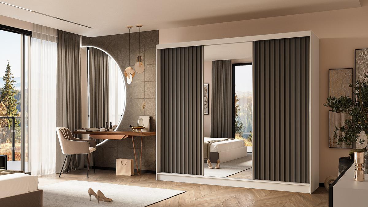 KLEIDERSCHRANK mit Spiegel-Schiebetüren und Aluminium-Leisten, LED-Beleuchtung - LAMELO - 240 cm Weiß+Grau+Grau - Weiß/Grau, Holzwerkstoff (240/216/61cm) - ALTDECOR