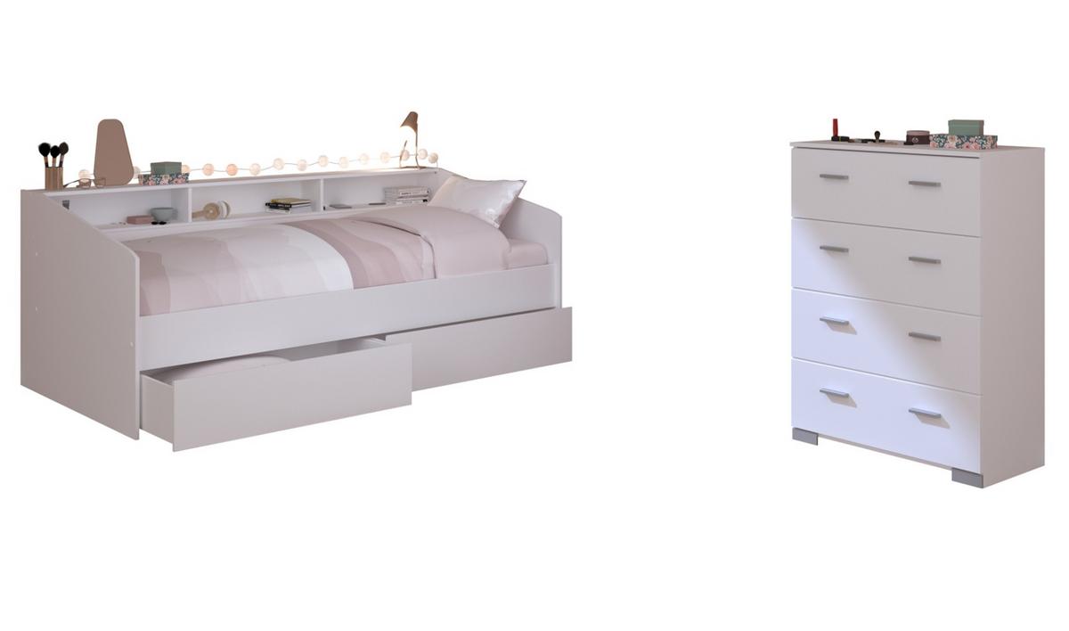 KINDERZIMMER Set 2-tlg. mit Stauraumbett 90x200 cm und Kommode - Silberfarben/Weiß, Holz/Holzwerkstoff (206/82/113cm) - Parisot Meuble