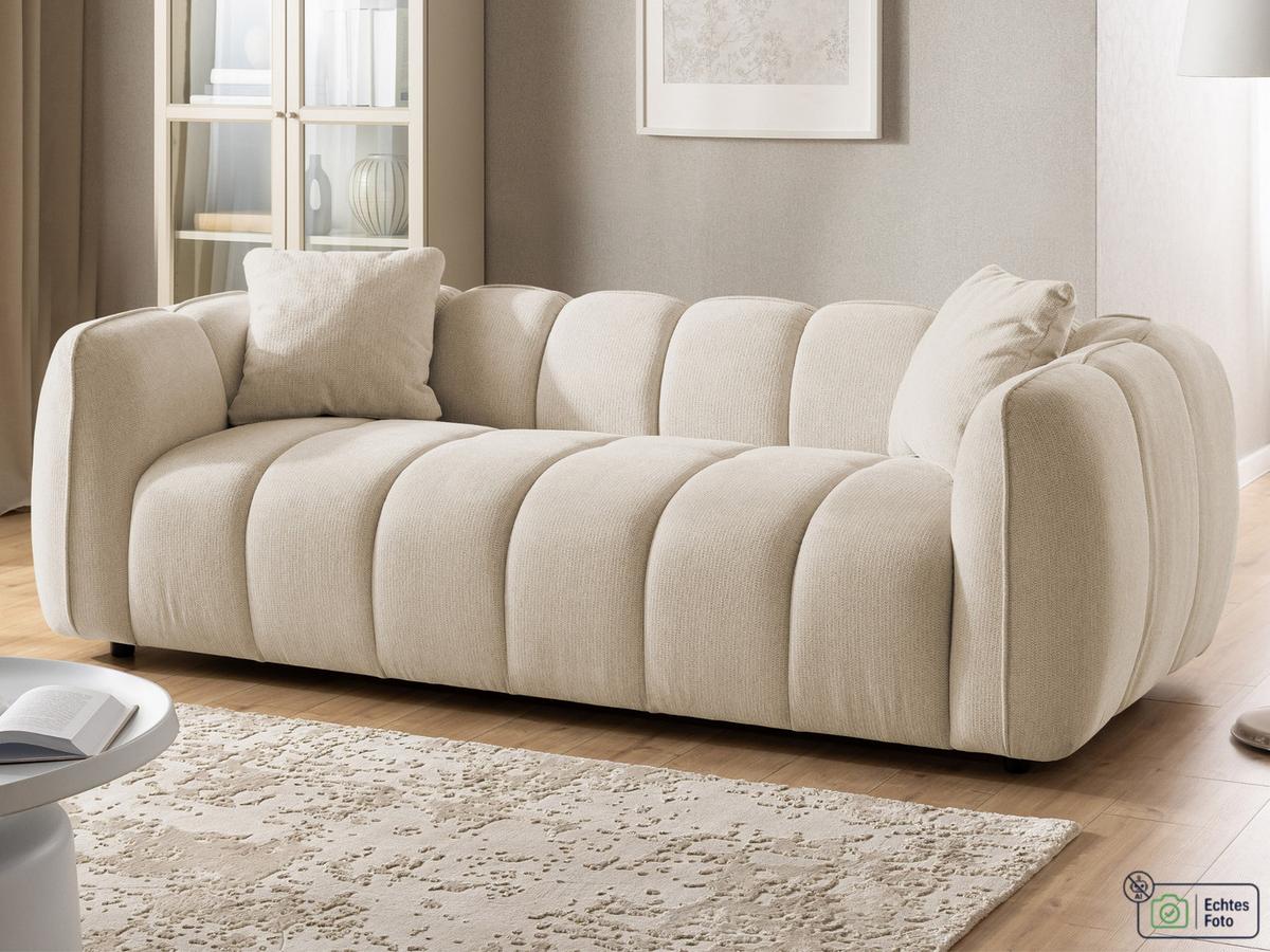 3-SITZER SOFA Nubira in tief gesteppter Bubble-Optik aus weichem Hellbeige Strukturstoff im modernen Design - Beige/Schwarz, Holz/Kunststoff (228/69/89cm) - S-Style Möbel