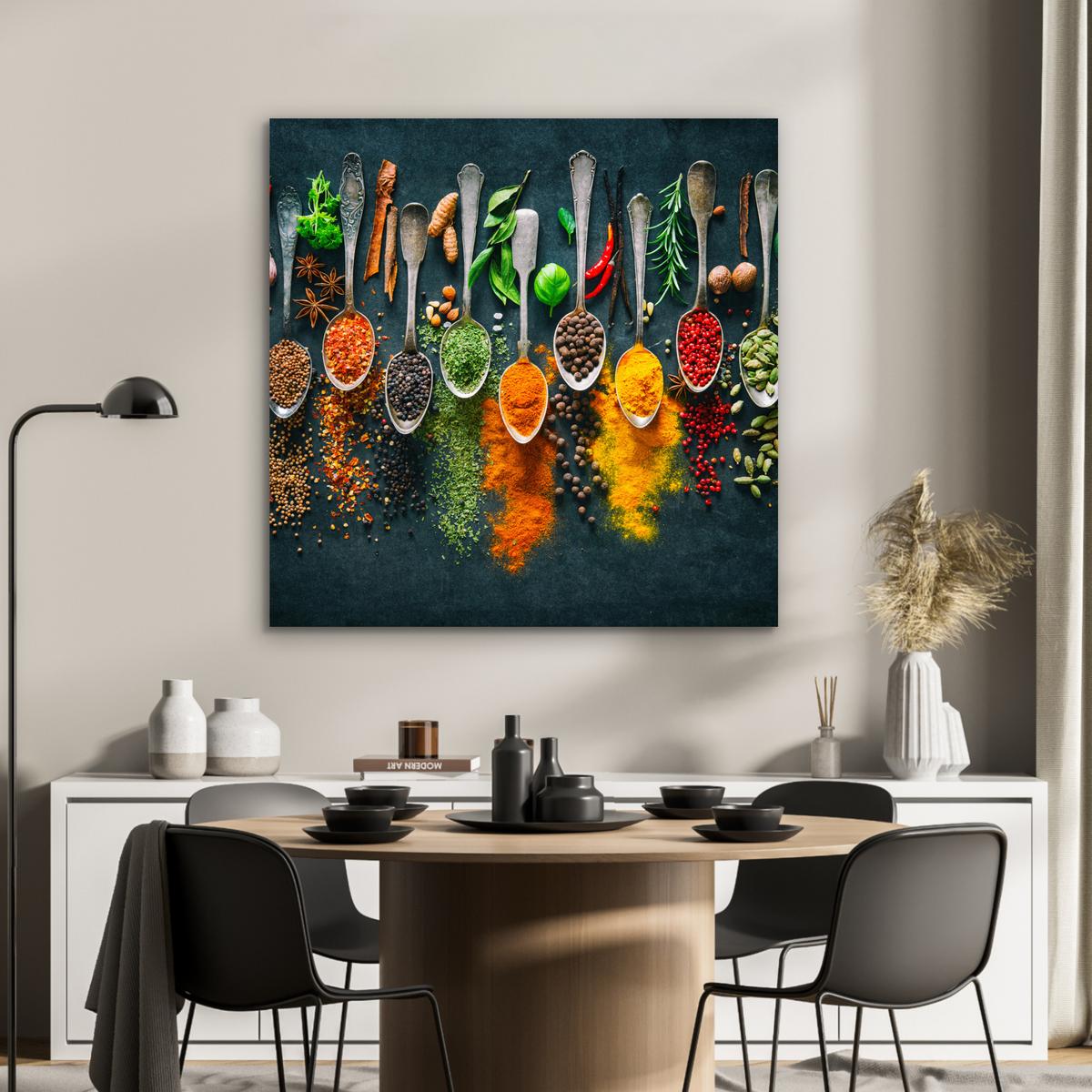 METALLBILD Kräuter - Gewürze - Löffel 90x90 cm - Currygelb, Metall (90/90cm) - MuchoWow