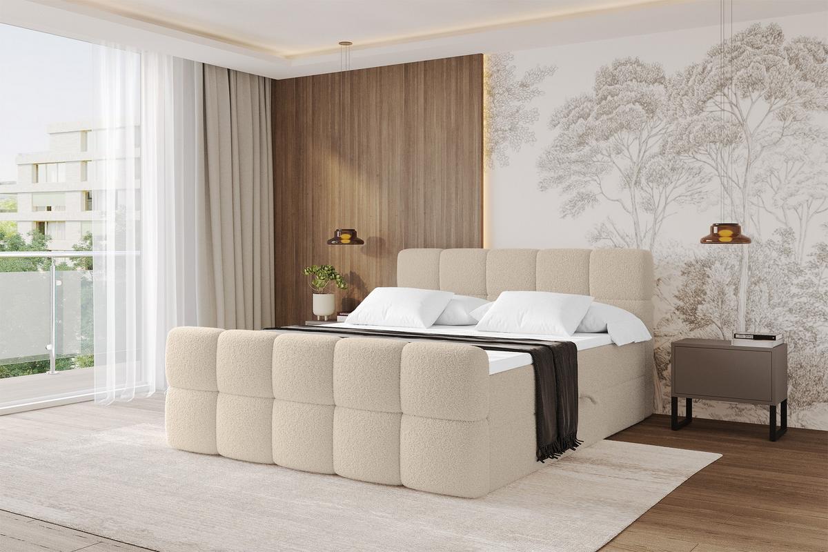 BOXBETT mit Matratze H4 - FAMA-Z - 180x200 cm Dunkelbeige Quelle - Creme, Holzwerkstoff - ALTDECOR