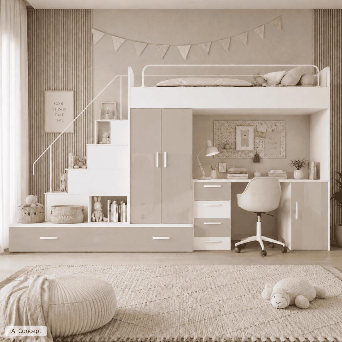 HOCHBETT Set RAJ 5, Hochglanz mit Hochbett, Schrank und Schreibtisch - Beige/Weiß, Holzwerkstoff (320/180/86cm) - Lookway