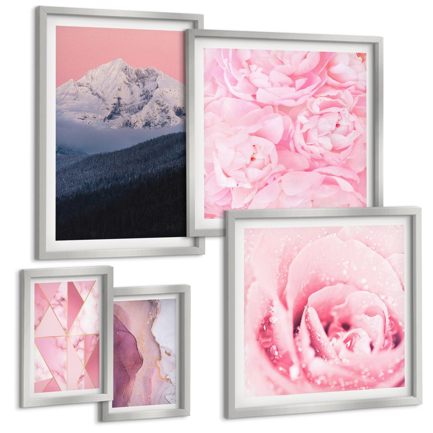 BILDER SET 5er Set - 50x50 cm & 20x30 cm & 40x60 cm Silberner Rahmen - Abstraktionen dekorativer Malerei - Silberfarben, Kunststoff (40/60cm) - TULUP