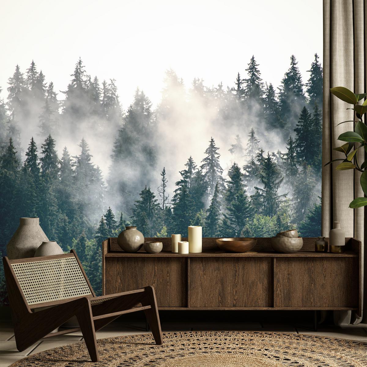 FOTOTAPETE für Wohnzimmer Nebeliger Nadelwald Berg Mystik Bäume 200x140 - Weiß/Grün, Papier (200/140cm) - Muralo