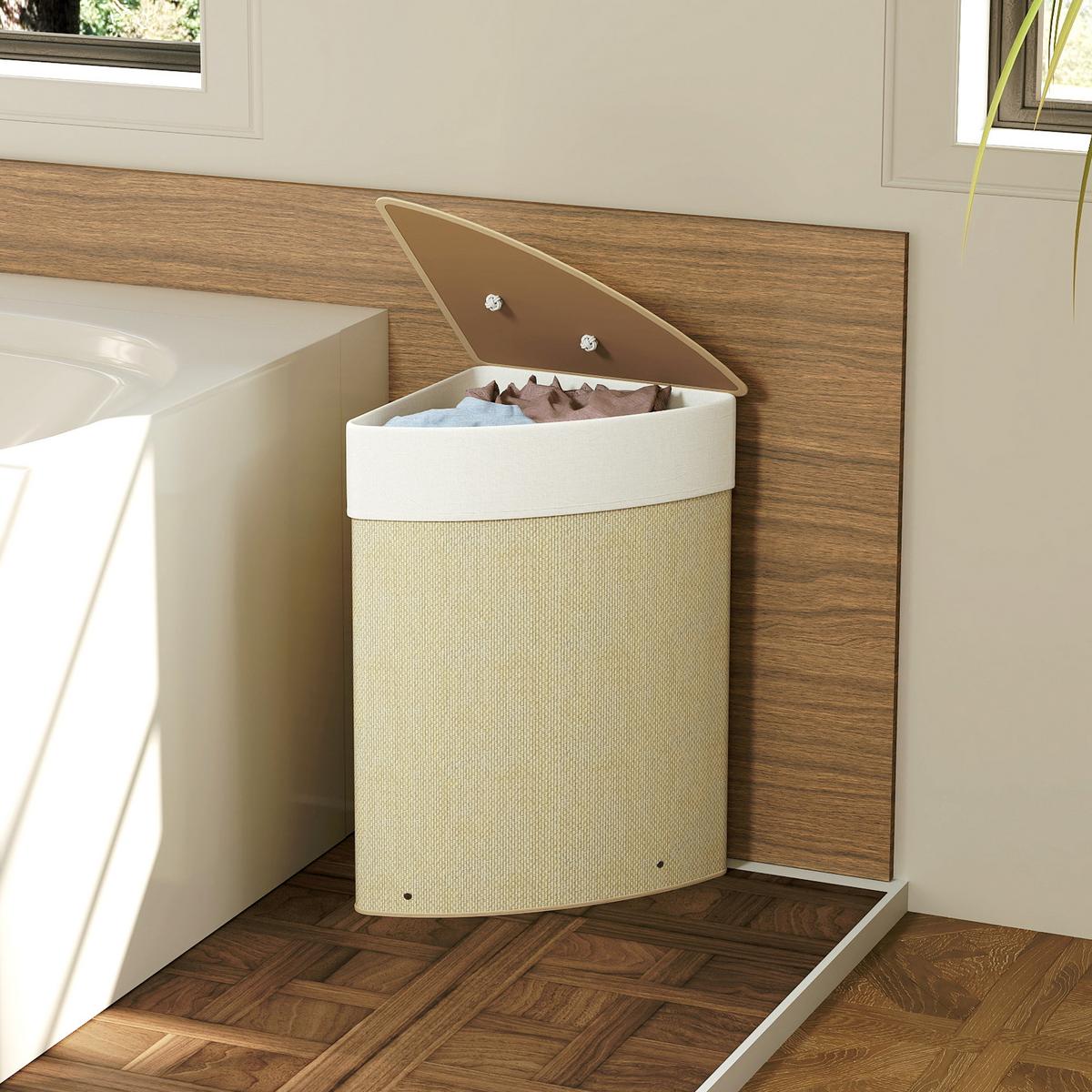 WÄSCHEKORB Bambus Cremeweiß - Creme, Holz/Textil (35/60/35cm) - HOMCOM