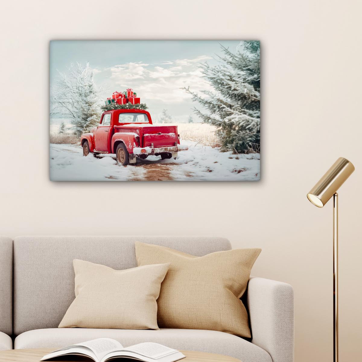 LEINWANDBILD Auto - Rot - Geschenke - Winter - Schnee - Weihnachten Gemälde 60x40 cm - Rot, Textil (60/40cm) - MuchoWow