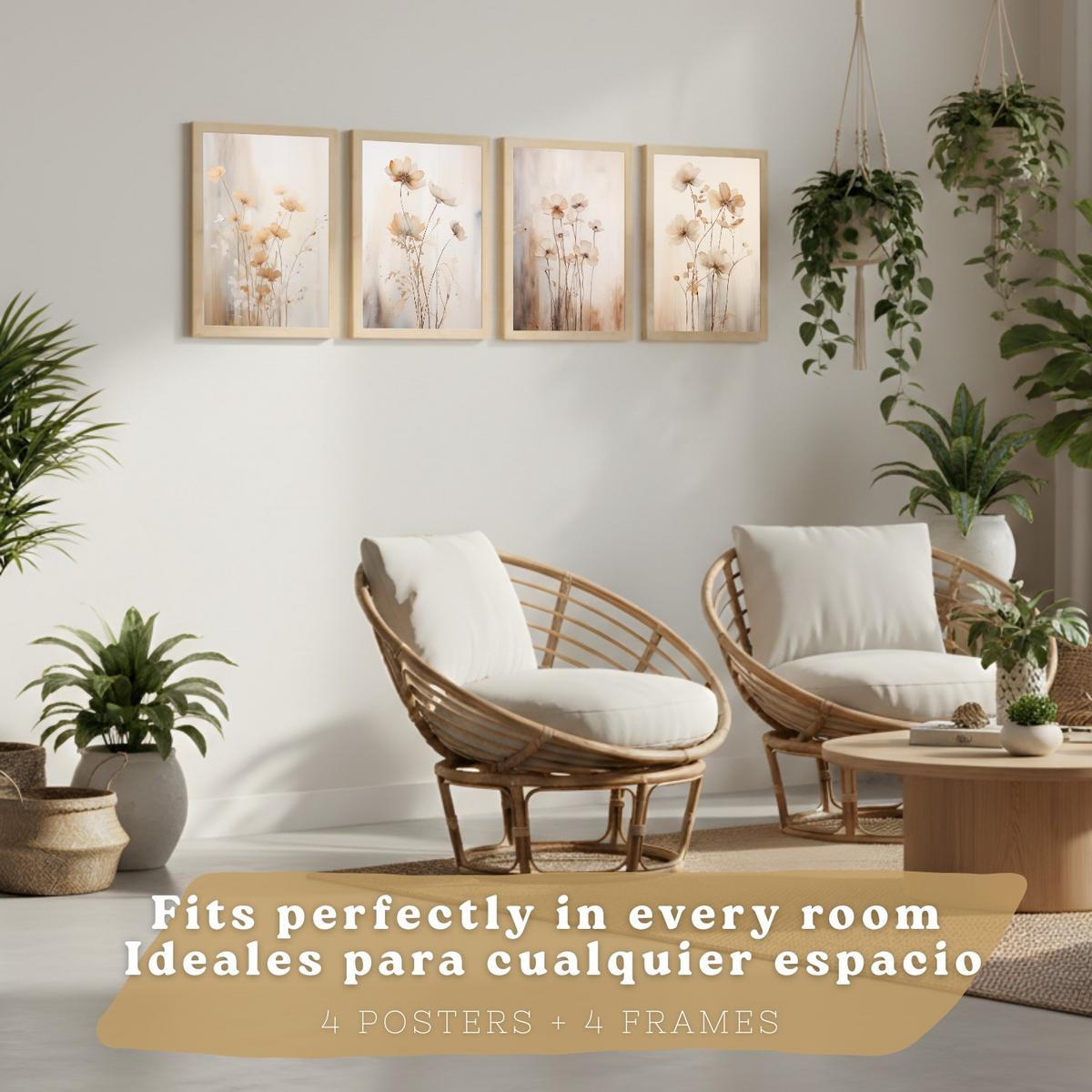 POSTER 4er-Set Wandbilder Blumen Vintage modern Wohnzimmer Deko, Schlafzimmer, Küche, Badezimmer Rahmenlos A3 - Beige, Papier (29.7/1/42cm) - Nacnic