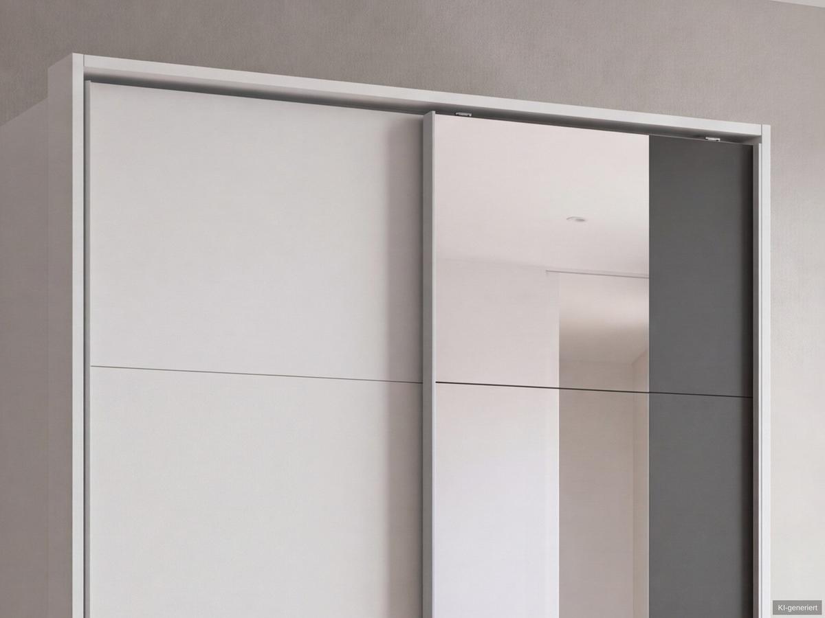 SCHWEBETÜRENSCHRANK 2-türig B138/H200/T65 cm, Passepartout-Kleiderschrank in Weiß, 1x Tür & sichtbare Schubkästen in Grafit mit Spiegel / 22682 - Graphitfarben/Alufarben, Holz/Holzwerkstoff (138/200/65cm) - luma-home