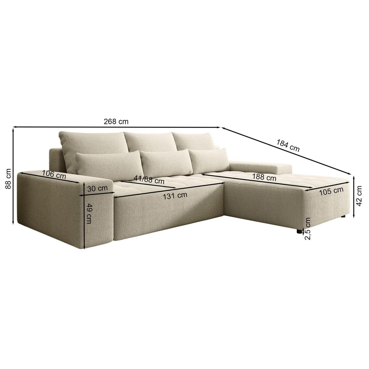 ECKSOFA Neluro Hellbeige Chenille wasserabweisend - Ecru/Schwarz, Kunststoff/Textil (268/184cm) - Selsey
