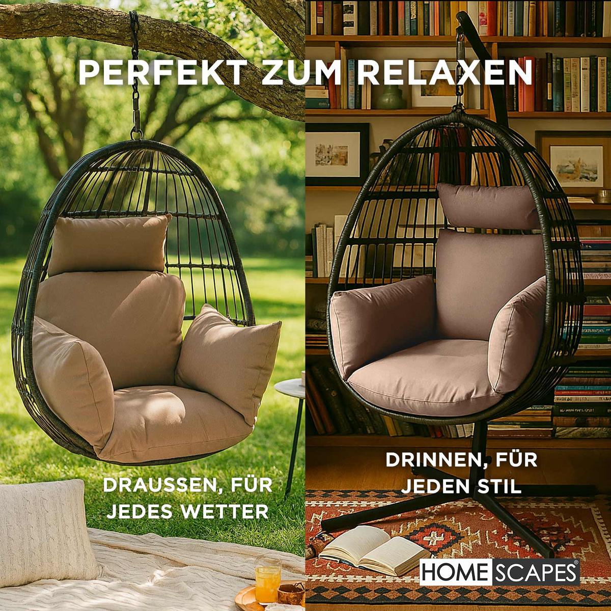 HÄNGESESSEL-KISSEN wetterfest mit Kopfstütze - Beige, Textil (110/15/112cm) - Homescapes