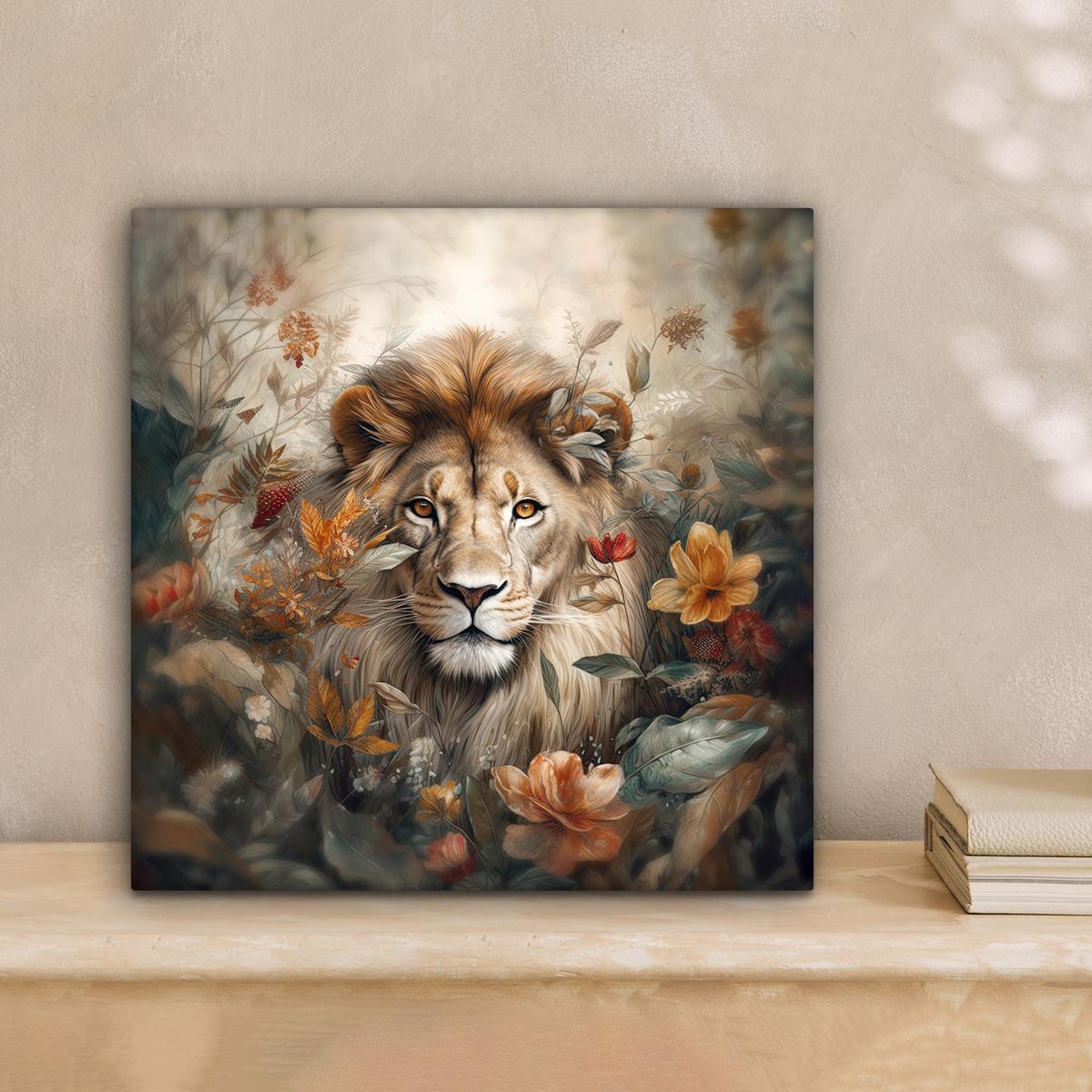LEINWANDBILD Löwe - Wildtiere - Pflanzen - Natur - Blumen Deko Wohnzimmer 20x20 cm - Beige, Textil (20/20cm) - MuchoWow