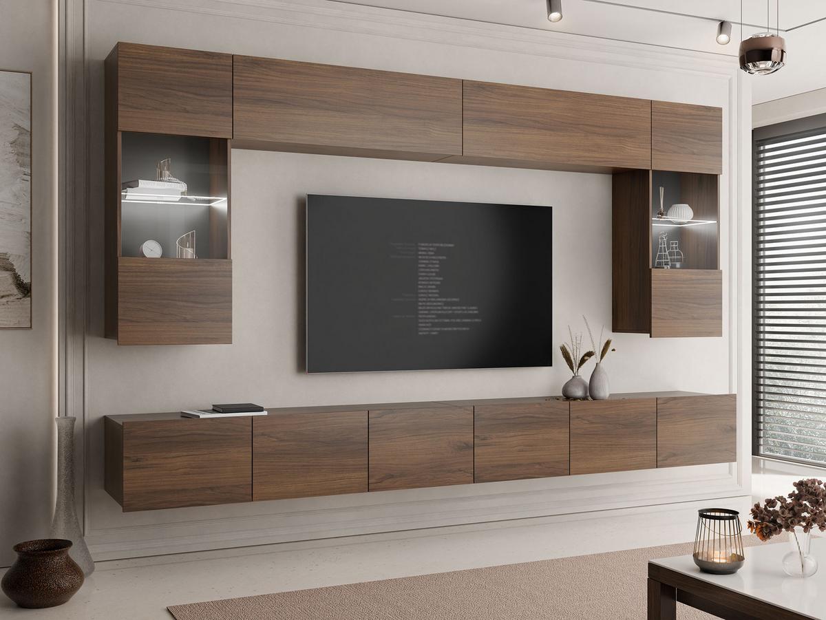 WOHNWAND Calabrini I mit weißer LED Beleuchtung - Nussbaumfarben, Holzwerkstoff (300/117/43cm) - MIRJAN24