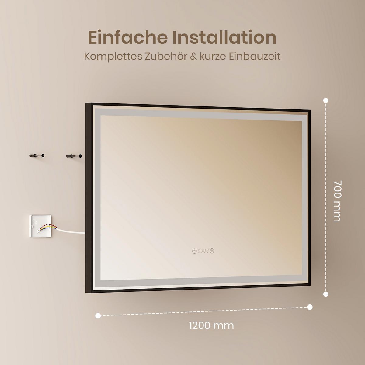 BADSPIEGEL mit Beleuchtung Schwarzer Rahmen 120/70 cm - Schwarz, Glas (120/70/3.5cm) - EMKE