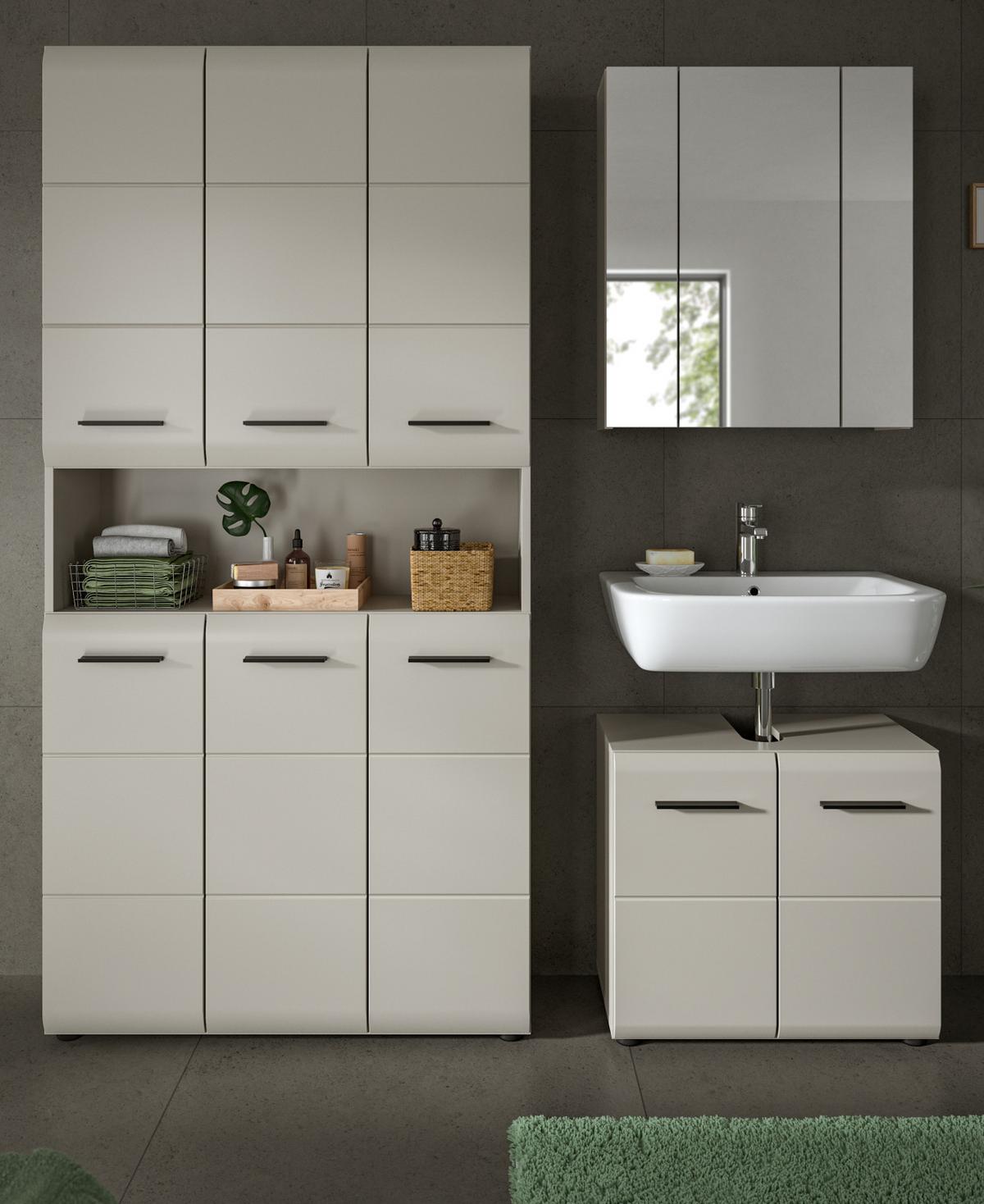 BADMÖBEL-SET Kaschmir 3-teilig 165 cm, Komplettset mit XXL Badschrank - Kaschmir/Schwarz, Glas/Holzwerkstoff (165/185/30cm) - Inn.Furn