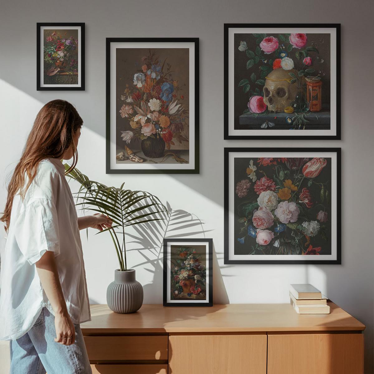 BILDER SET 5er Set - 50x50 cm & 20x30 cm & 40x60 cm Schwarzer Rahmen - Pfingstrosenporträt einer Frau für Zuhause - Schwarz, Kunststoff (40/60cm) - TULUP