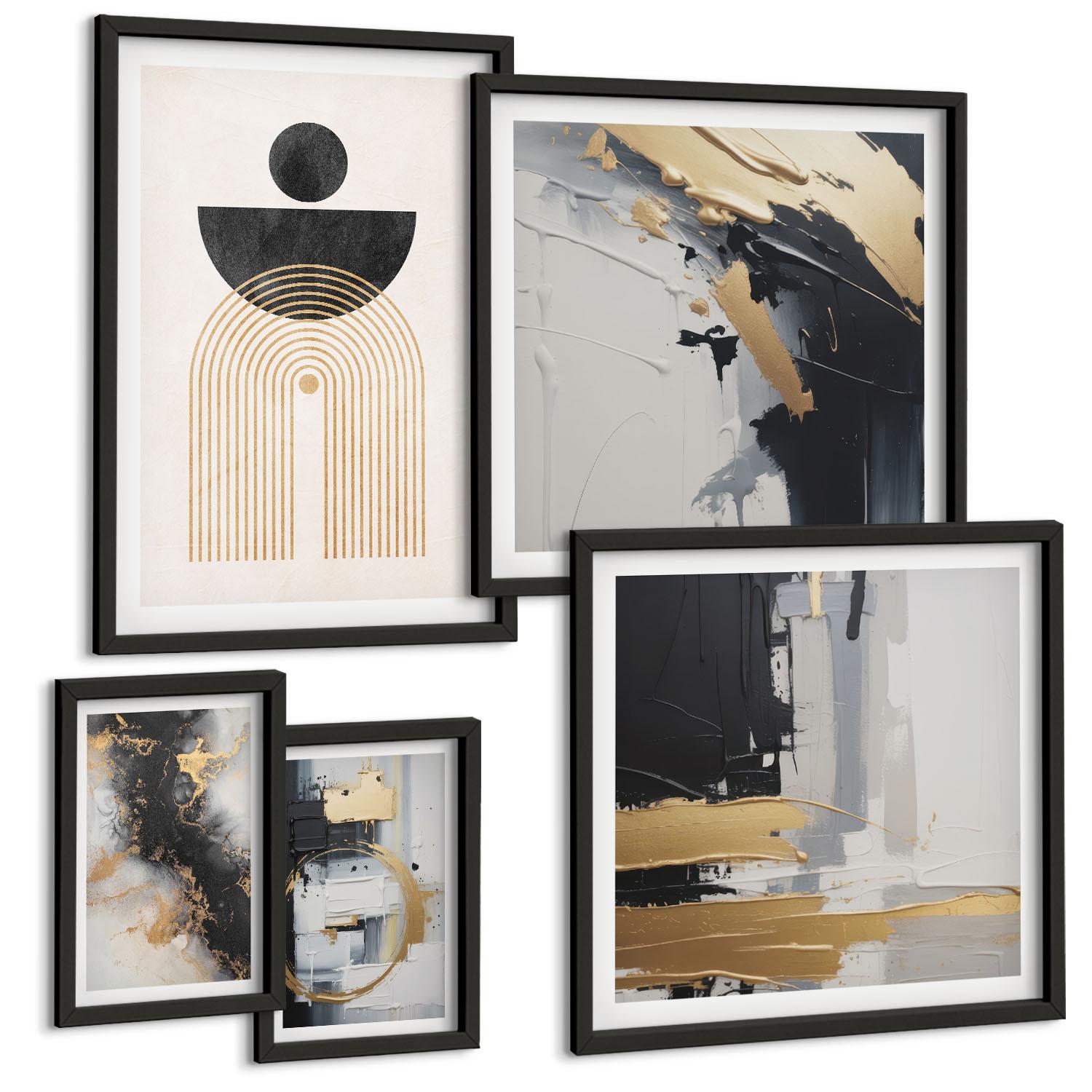 BILDER SET 5er Set - 50x50 cm & 20x30 cm & 40x60 cm Schwarzer Rahmen - Abstrakte Geometrie-Komposition - Schwarz, Kunststoff (40/60cm) - TULUP