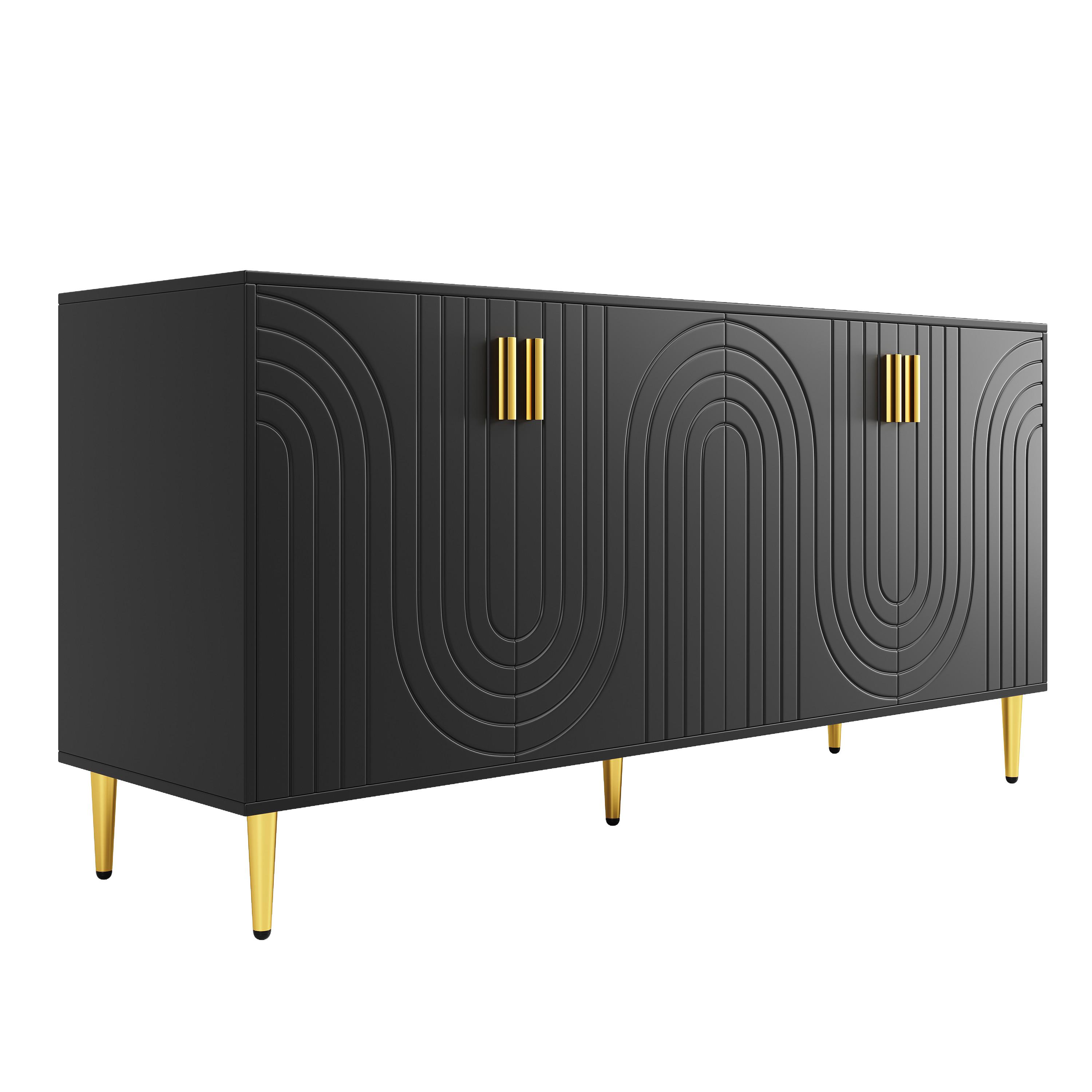 SIDEBOARD Wellenfront mit goldenen Griffen & Füßen Schwarzes - Schwarz, Holzwerkstoff (152/75/40cm) - Urban Meuble