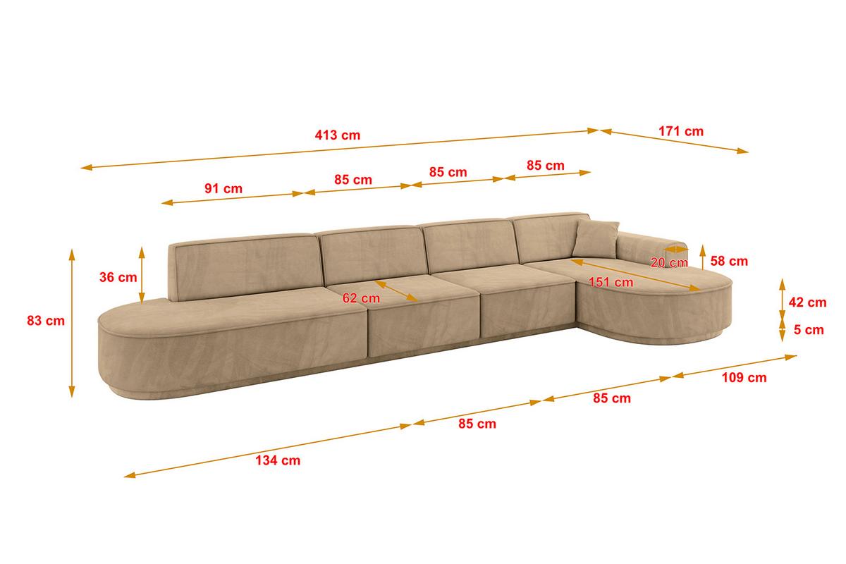 ECKSOFA Ottomane Rechts MARI-L3-v3 - 413x171x83 cm Taupe Velours - Taupe/Schwarz, Holzwerkstoff/Kunststoff (171/413cm) - ALTDECOR