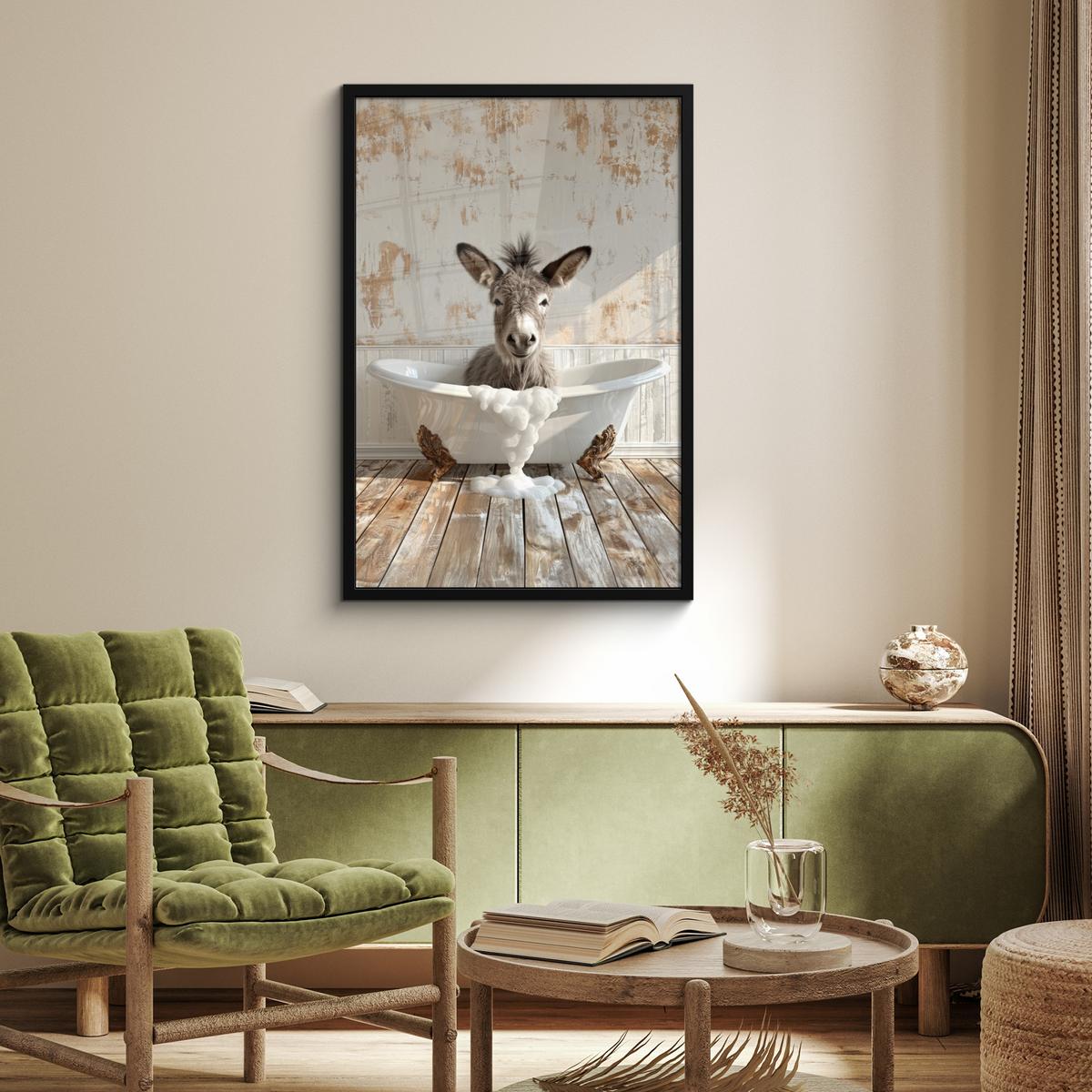 POSTER MIT RAHMENGERAHMTES BILD Esel - Tiere - Badewanne - Schaumstoff 60x90 cm - Weiß, Papier (60/90cm) - MuchoWow