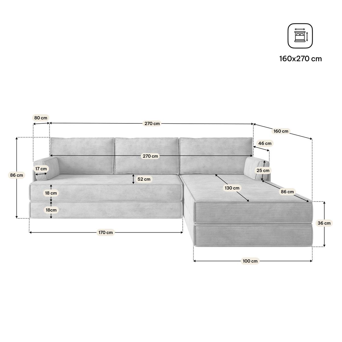 ECKSOFA ANKO modulares Boneless Sofa mit Schlaffunktion Hellgrau Kordstoff - Hellgrau, Textil (270/160cm) - MASSENO