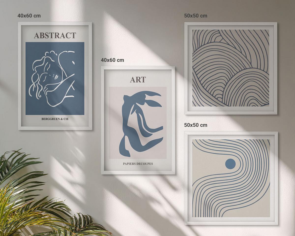 BILDER SET 4er Set - 50x50 cm & 40x60 cm Weißer Rahmen - Poster mit abstrakten Linien und Wellen - Weiß, Kunststoff (50/50cm) - TULUP
