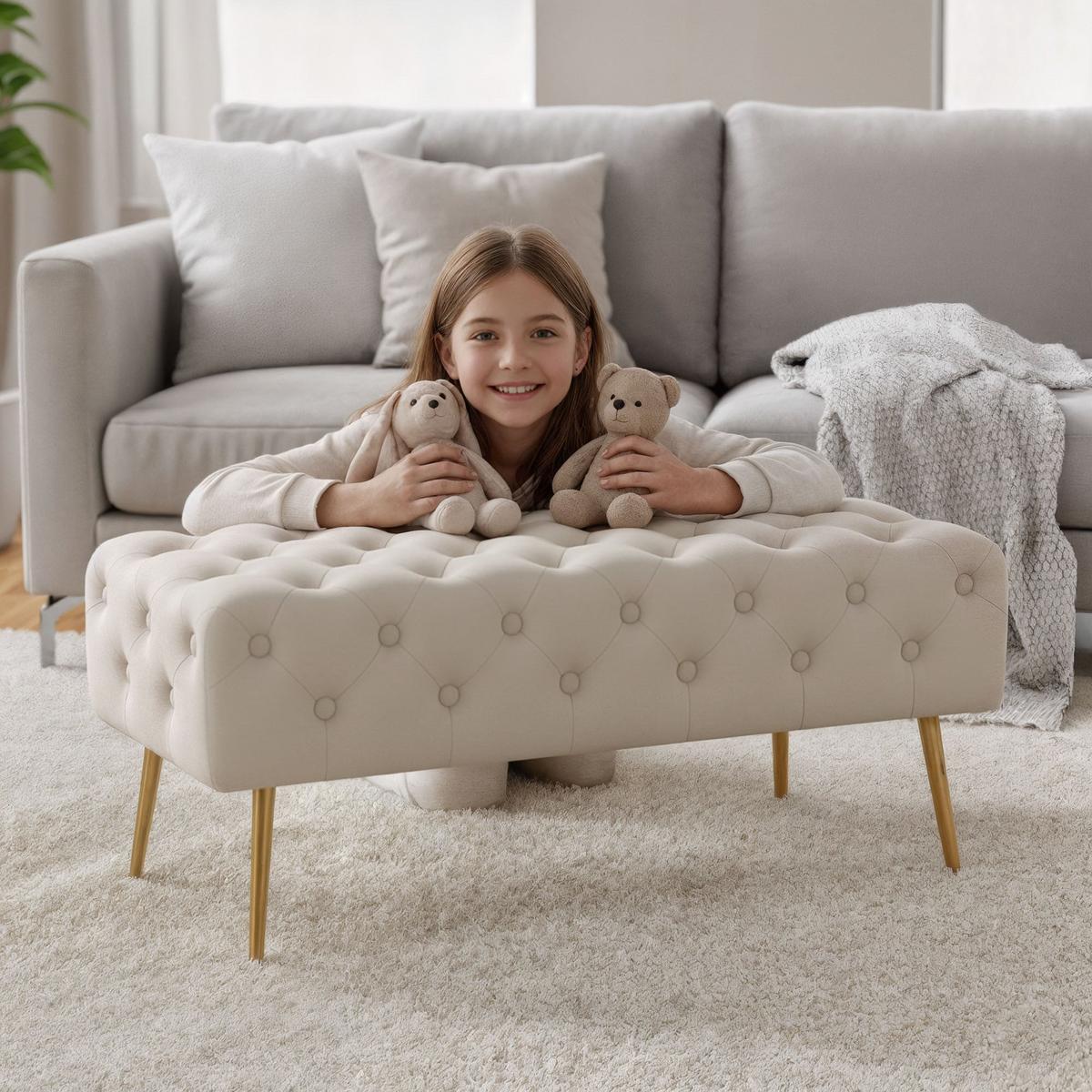 POLSTERBANK mit Samt - Optik Beige 42/41/42 - Beige, Textil (100/41/42cm) - RAUMHIRSCH FURNITURE