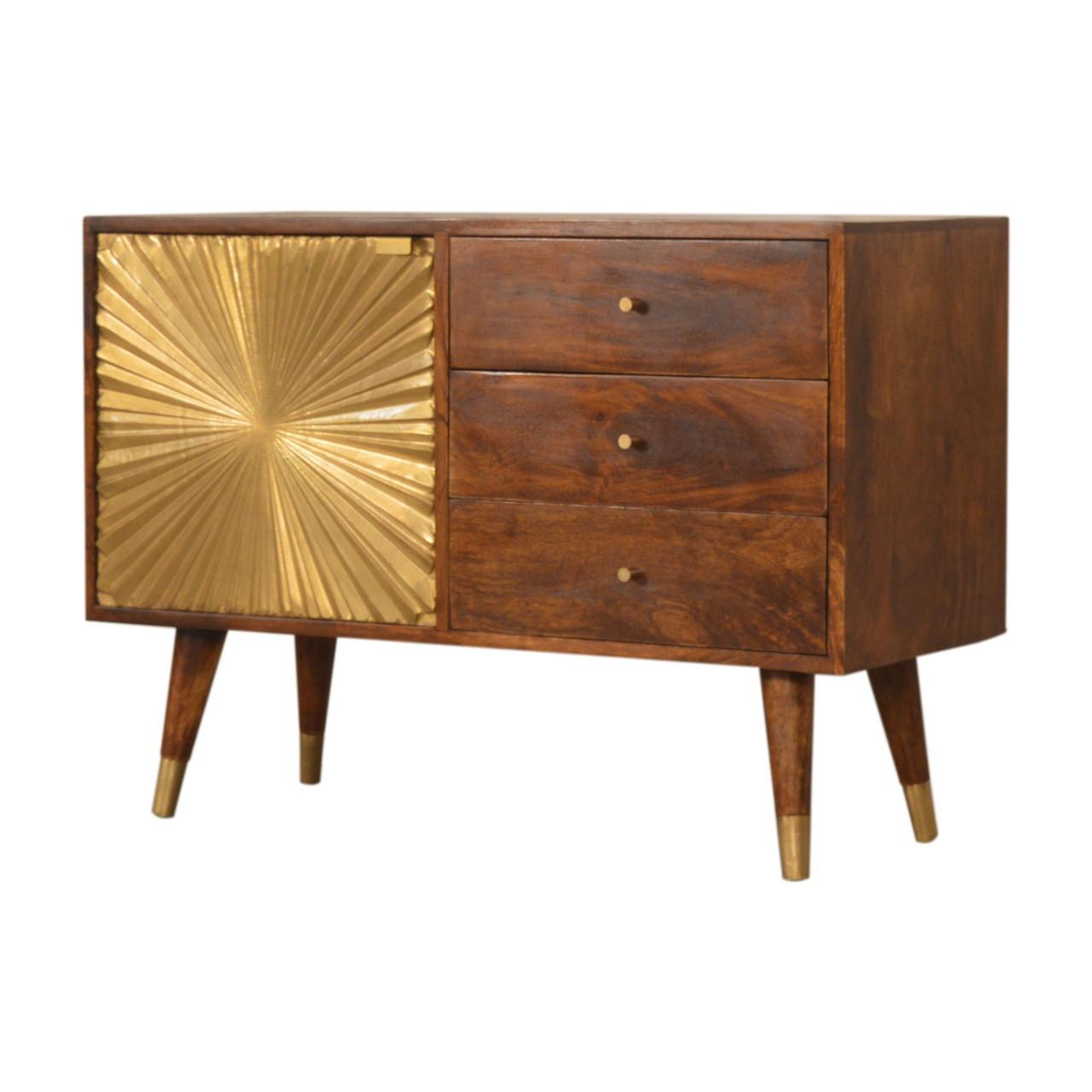 SIDEBOARD Kastanien-Finish, 3 Schubladen, 1 großes Regal, Braun und Gold - Braun, Mangoholz/Holz (35/60/85cm) - Artisan Furniture