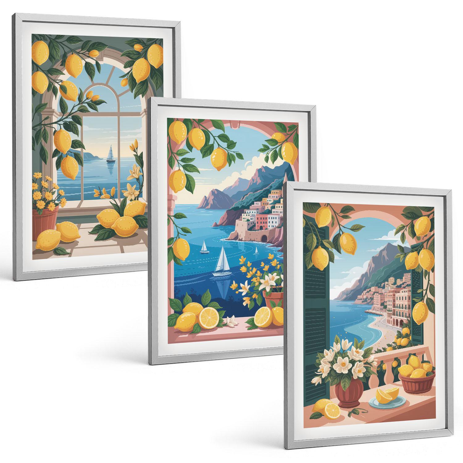 BILDER SET 3er Set - 40x60 cm Silberner Rahmen - Meerblick, italienische Zitronen - Silberfarben, Kunststoff (40/60cm) - TULUP