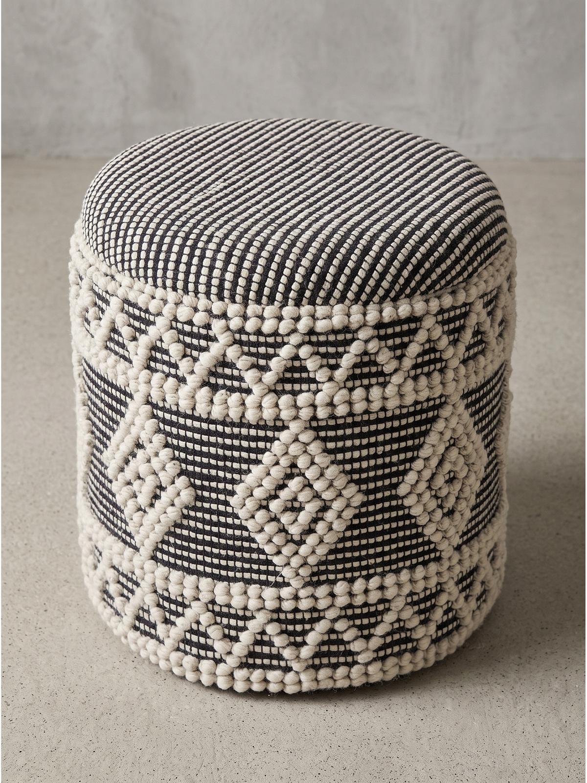 SITZHOCKER RHONE, Stoff, mit Textilbezug, mit Rautenstruktur, Creme-Schwarz, Ø 40 x 45 cm - Beige/Grau, Textil (40/45/40cm) - KADIMA DESIGN