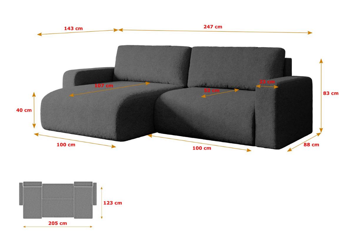 ECKSOFA mit Schlaffunktion und Bettkasten KLEEA-L - 247x143x83 cm Grau Bouclé - Schwarz/Grau, Holzwerkstoff/Kunststoff (247/143cm) - ALTDECOR