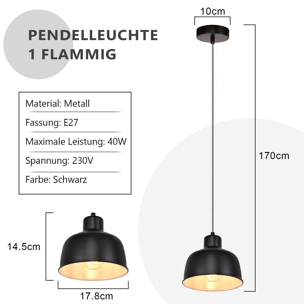 PENDELLEUCHTE Selma 1-flammig 18/10/170 cm - Schwarz, Metall (18/10/170cm) - Nettlife