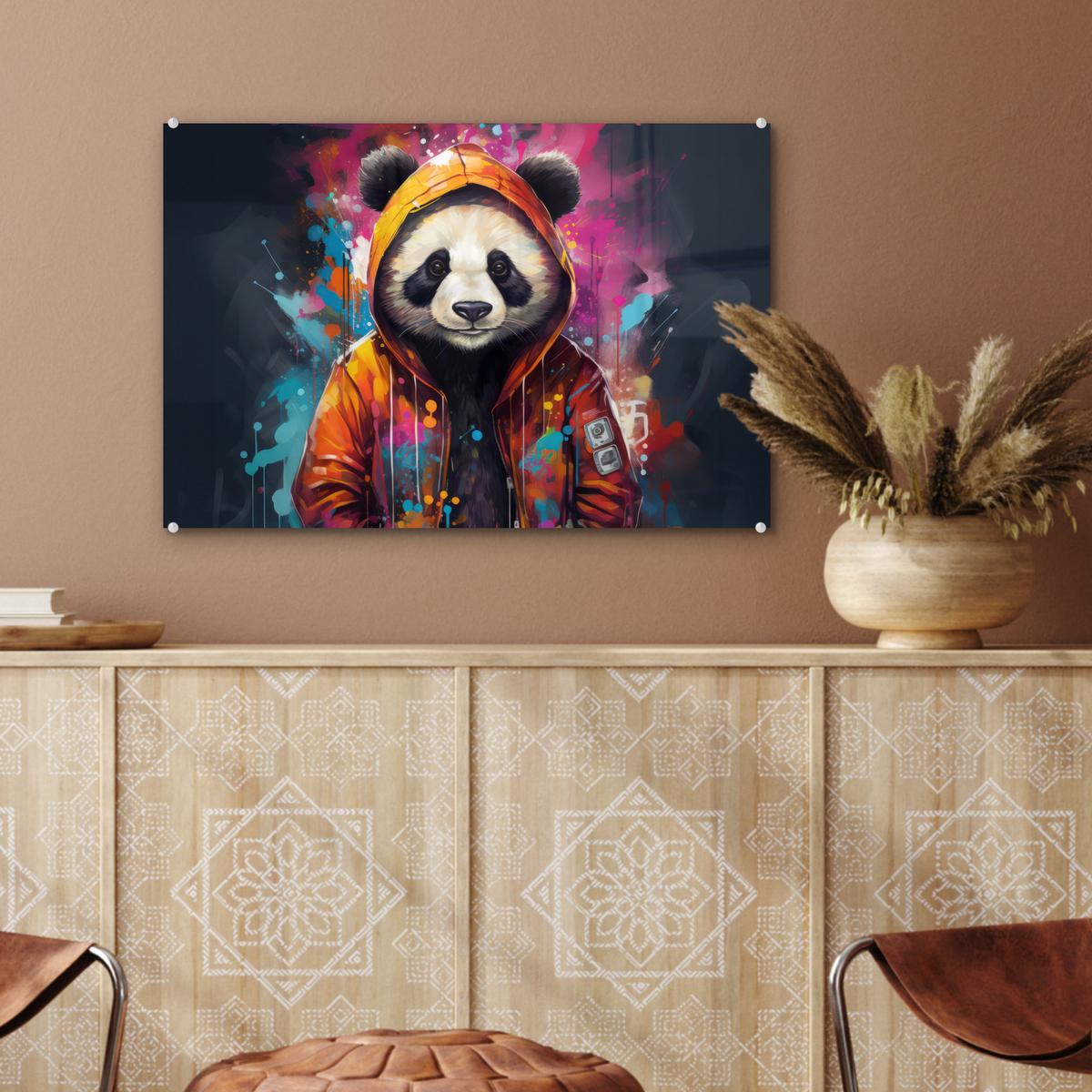 ACRYLGLASBILD Panda - Jacke - Graffiti - Orange Wanddeko 60x40 cm - Orange, Glas (60/40cm) - MuchoWow