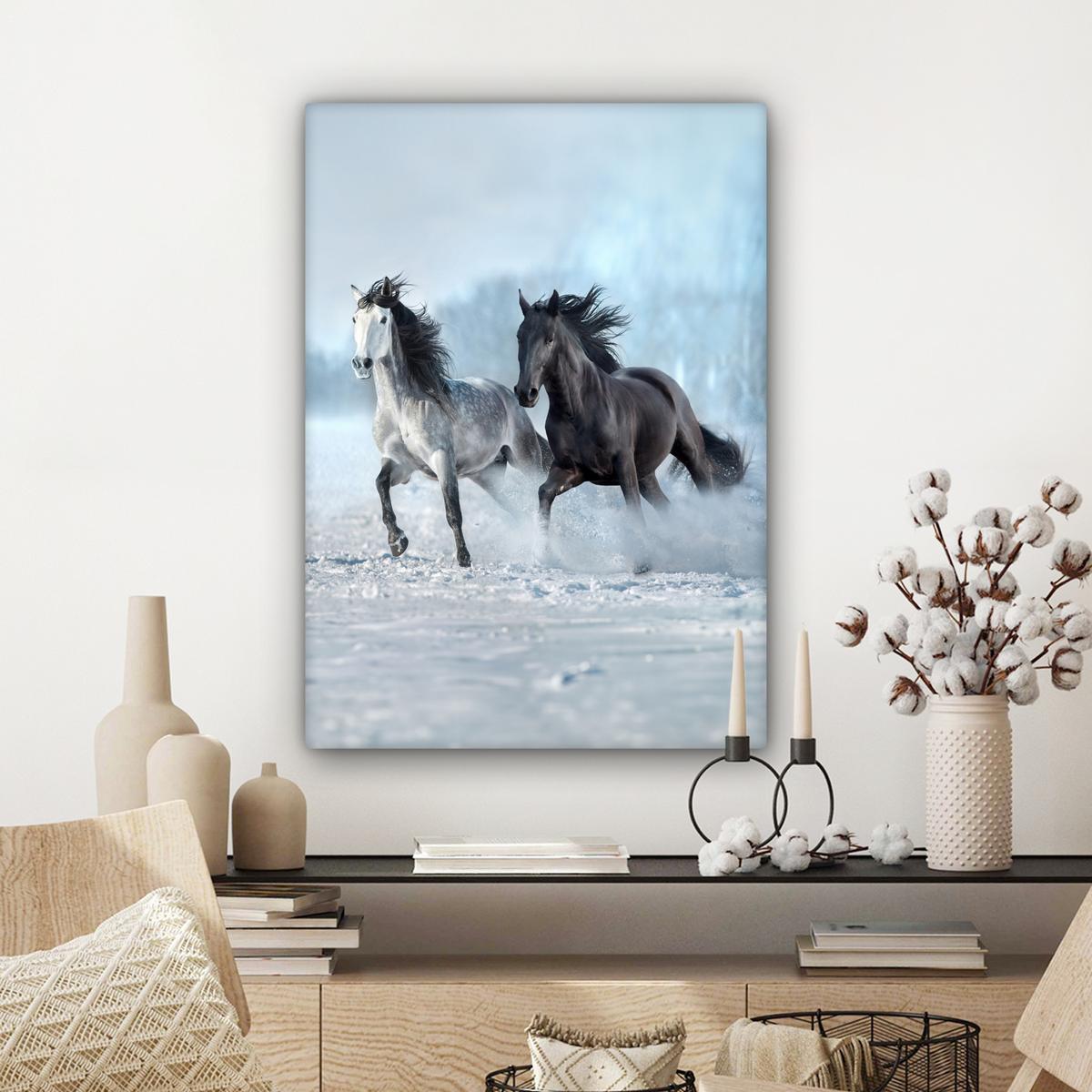 LEINWANDBILD Pferde - Winter - Tiere - Natur - Schnee Wandbild Wohnzimmer 60x80 cm - Anthrazit, Textil (60/80cm) - MuchoWow