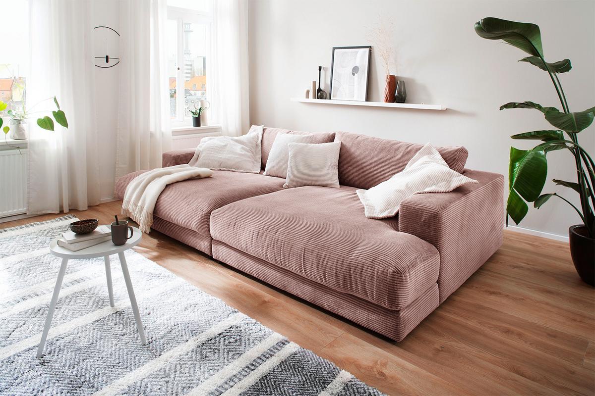BIG SOFA XL MIT TABLETT MADELINE Pink Cord - Pink/Schwarz, Kunststoff/Textil (290/85/190cm) - KAWOLA