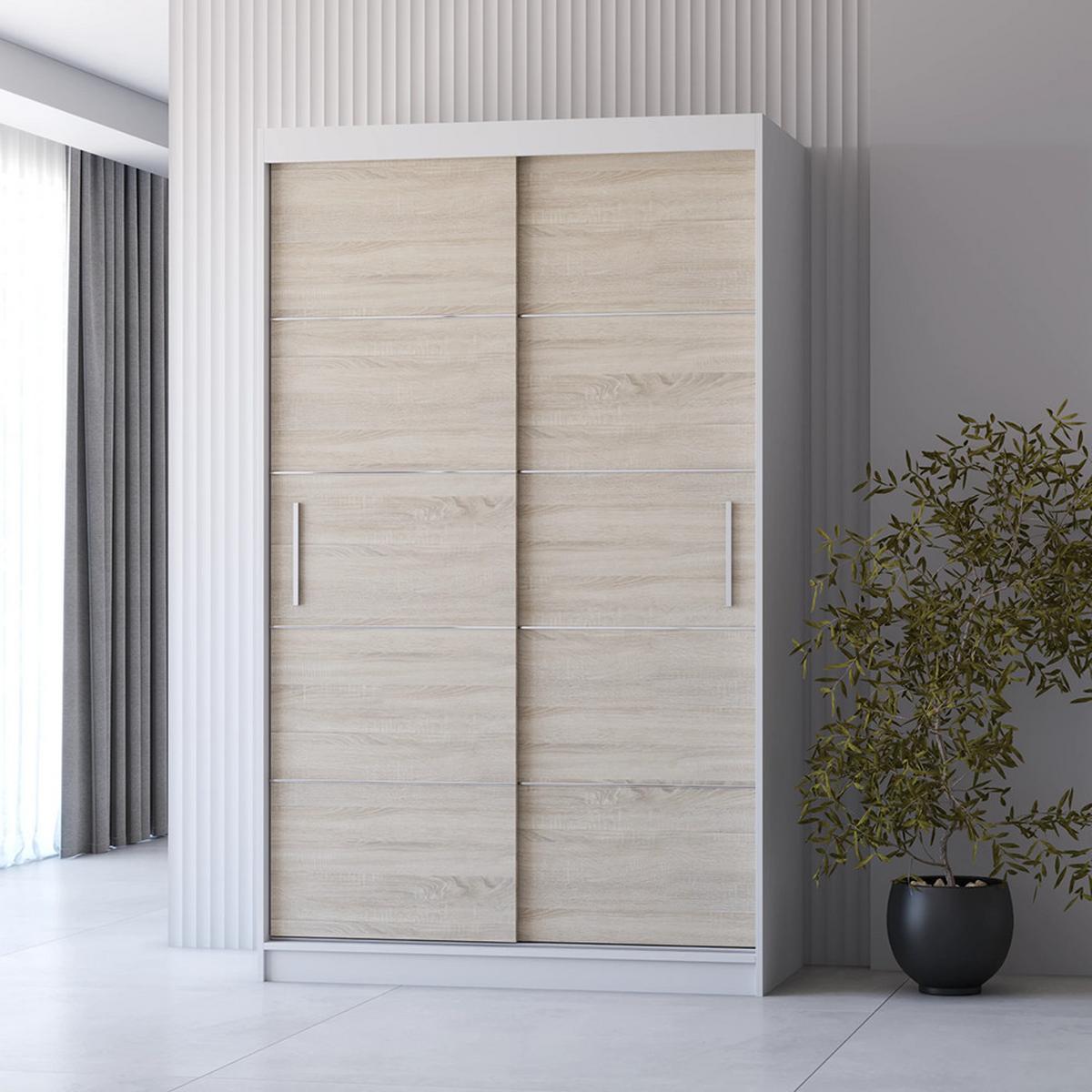 SCHWEBETÜRENSCHRANK Neomi 06 ohne Spiegel Weiß/Sonoma Eiche 120 cm - Alufarben/Weiß, Holzwerkstoff/Kunststoff (120/200/61cm) - imoebel24