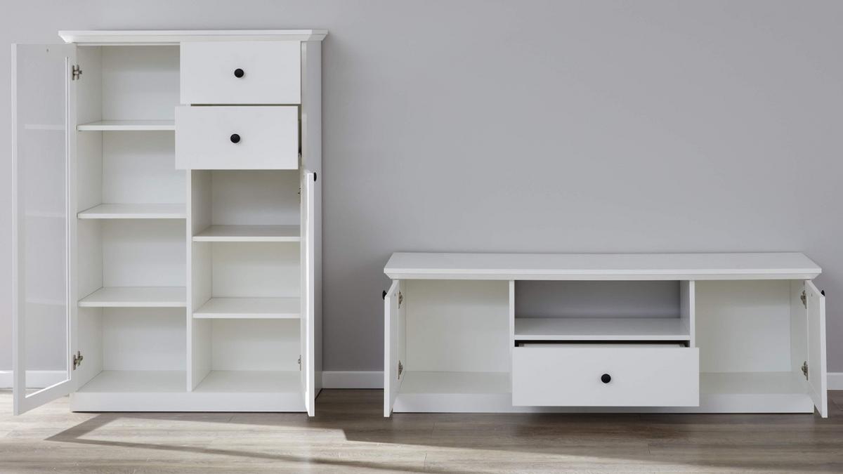 WOHNWAND 2-teilig in weiß 235 cm, Wohnkombination im Landhaus-Stil - Silberfarben/Weiß, Glas/Holzwerkstoff (41/129/235cm) - Top.Furn