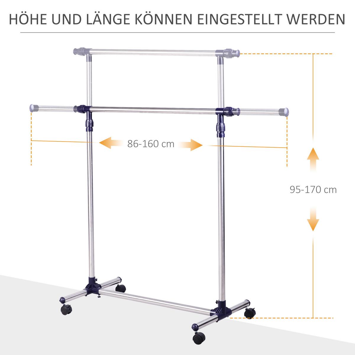 GARDEROBENSTÄNDER Kleiderständer mit Rollen Höhenverstellbare Kleiderstange - Silberfarben, Metall (86/95/45cm) - HOMCOM