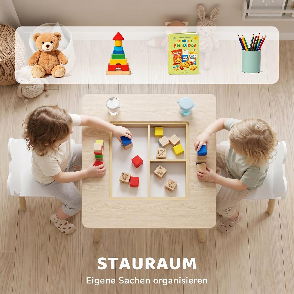 KINDER-TISCH-STUHL-SET 3er Set MDF Naturholz - Weiß/Naturfarben, Holz/Holzwerkstoff (60/44/60cm) - AIYAPLAY