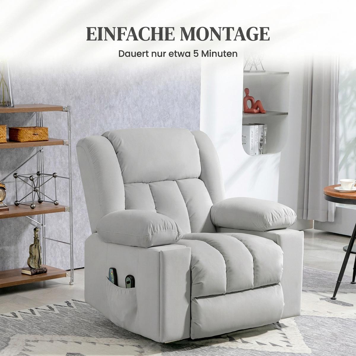 FERNSEHSESSEL mit Aufstehhilfe Relaxsessel mit Massage-/ Wärme-/Liegefunktion - Hellgrau, Textil (93/104/101cm) - HOMCOM