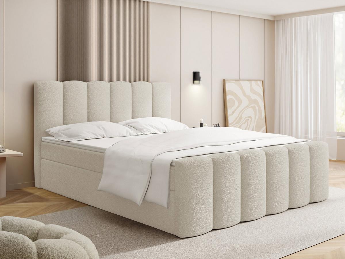 BOXBETT Serenity mit Bettkasten, Boucle Creme 120x200 cm – inkl. H4 Taschenfederkern Matratze & Foam Topper - Creme/Schwarz, Holz/Holzwerkstoff (120/200cm) - WFL GROUP