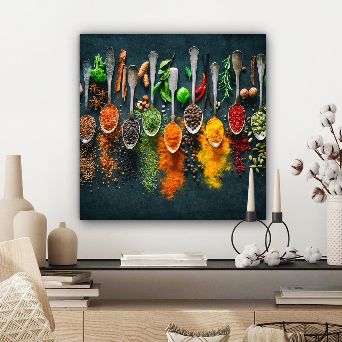 LEINWANDBILD Kräuter - Gewürze - Löffel Wandbild Wohnzimmer 50x50 cm - Currygelb, Textil (50/50cm) - MuchoWow